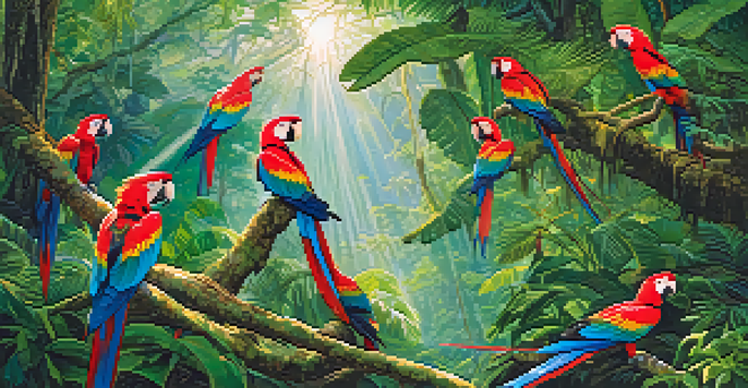 A lush Amazon rainforest with colorful scarlet macaws perched on branches, sunlight filtering through the foliage.