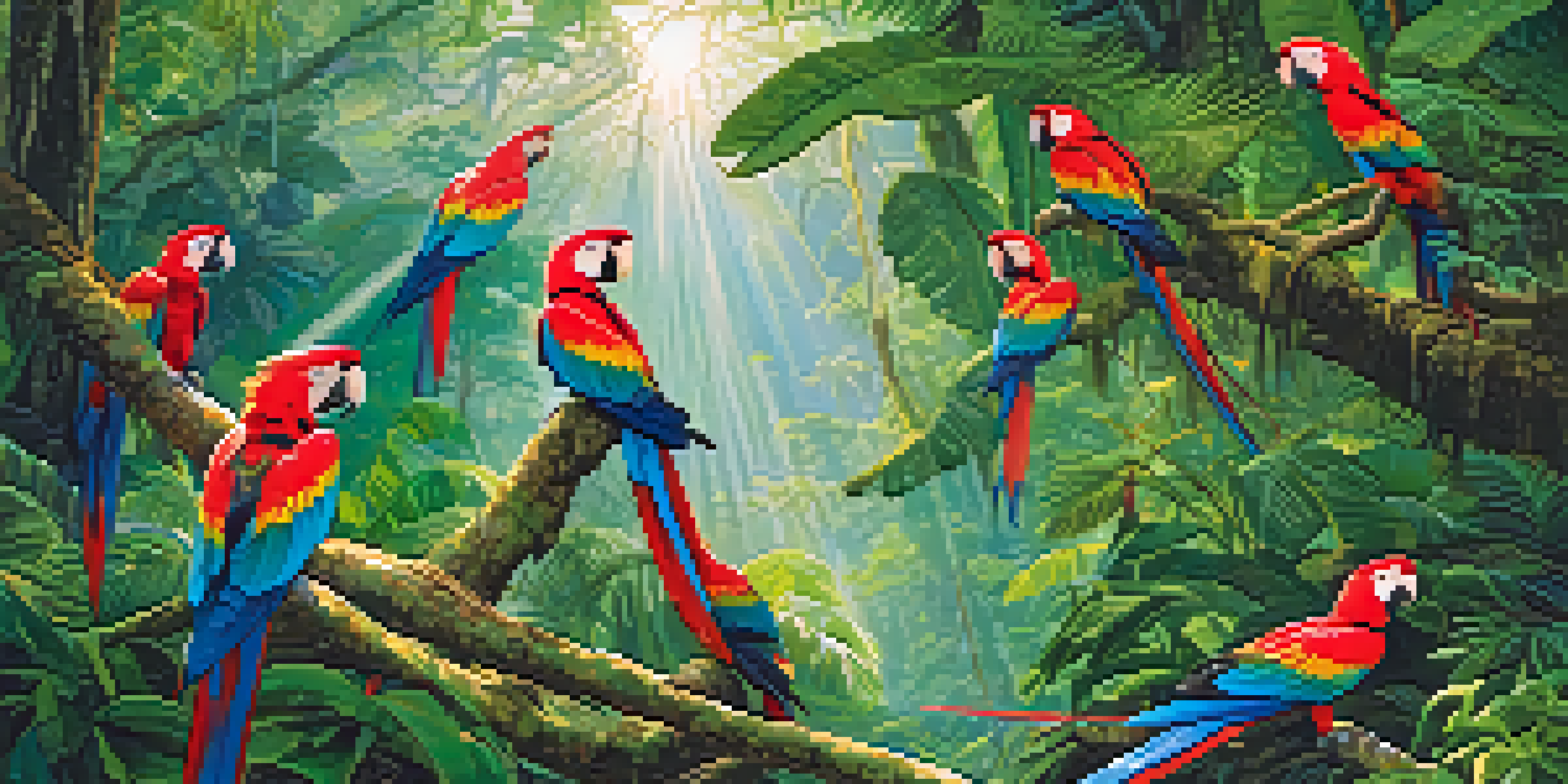 A lush Amazon rainforest with colorful scarlet macaws perched on branches, sunlight filtering through the foliage.