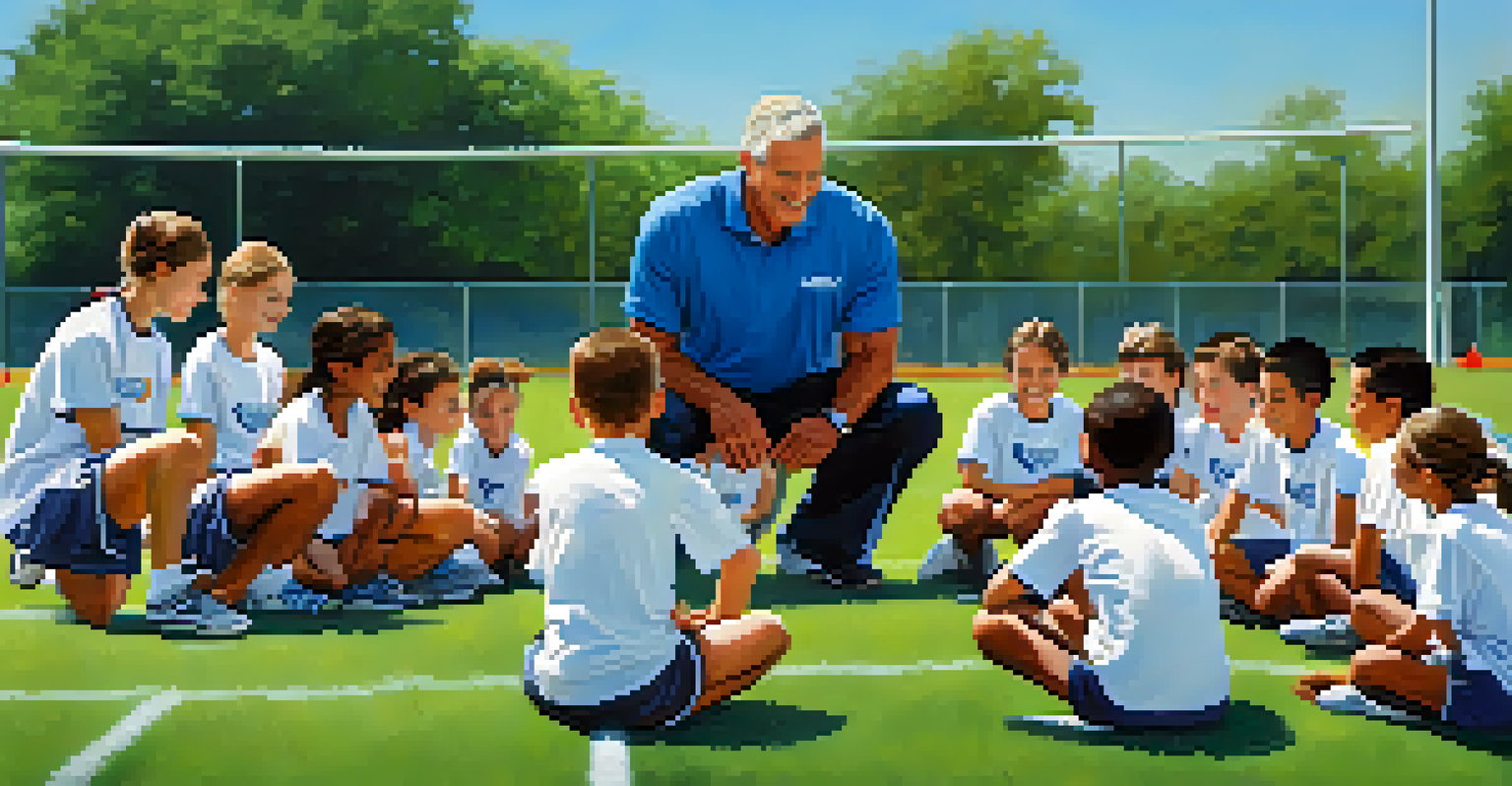 A volunteer coach guiding young athletes during a training session on a sunny sports field.