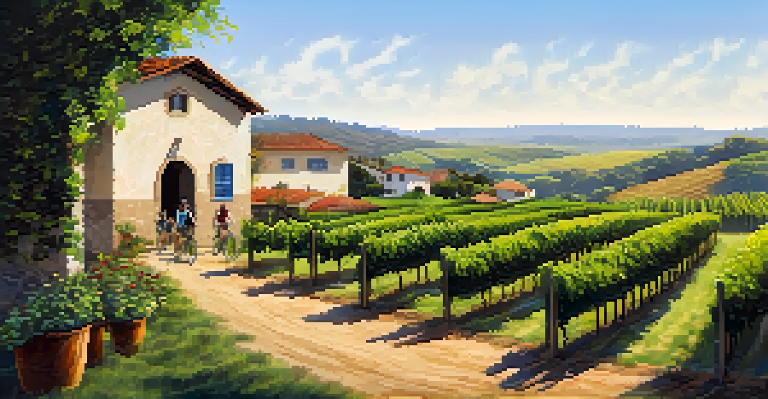 Cyclists riding through lush vineyards in Vale dos Vinhedos, with grapevines and winery buildings in the background.