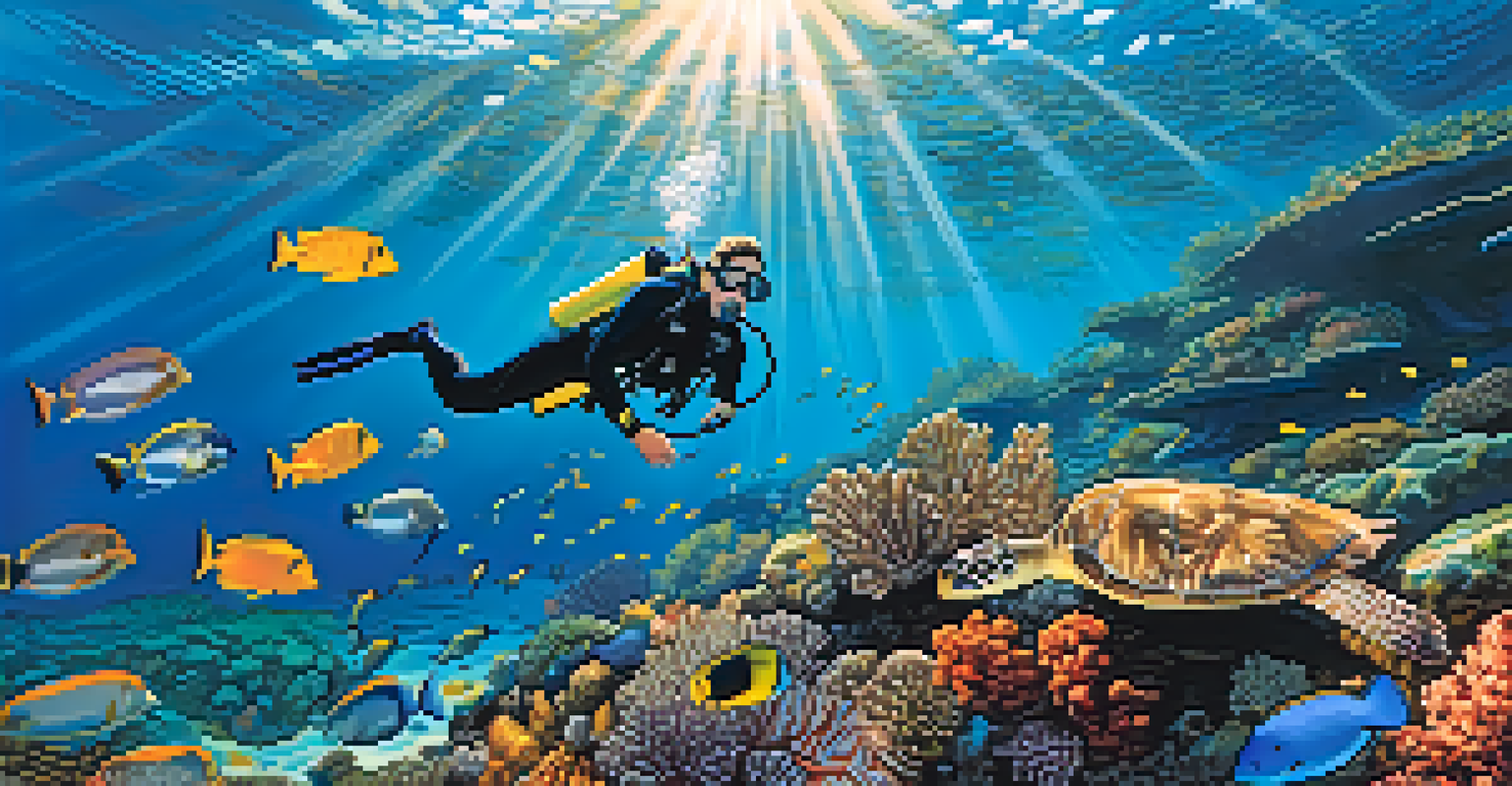 Scuba divers exploring colorful coral reefs with tropical fish and turtles in clear water.