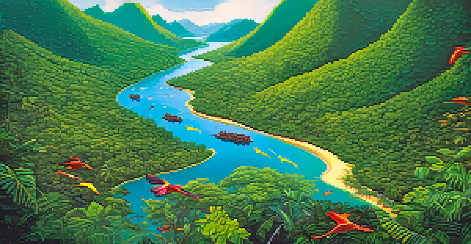 Aerial view of the Rio Futuro in Brazil, featuring lush rainforest, swimming river dolphins, and colorful birds in a vibrant ecosystem.