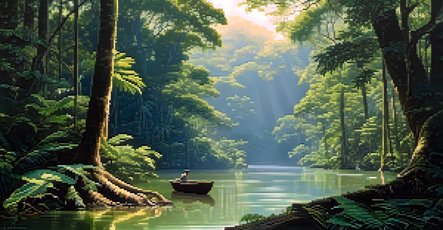 A serene view of the Amazon rainforest with lush greenery, a river, and sunlight filtering through the trees.