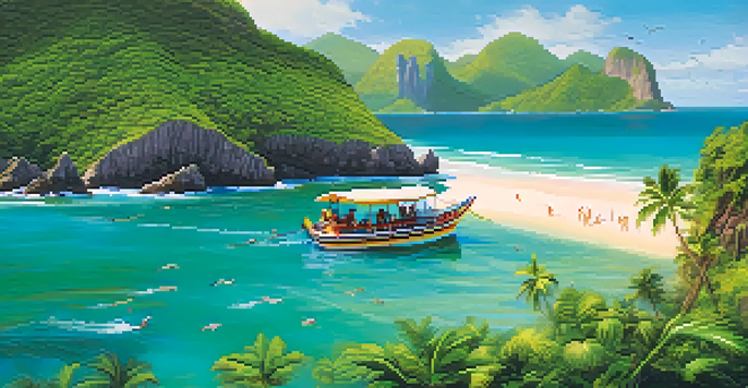 A family enjoying a boat tour in Brazil, surrounded by lush greenery and turquoise water.
