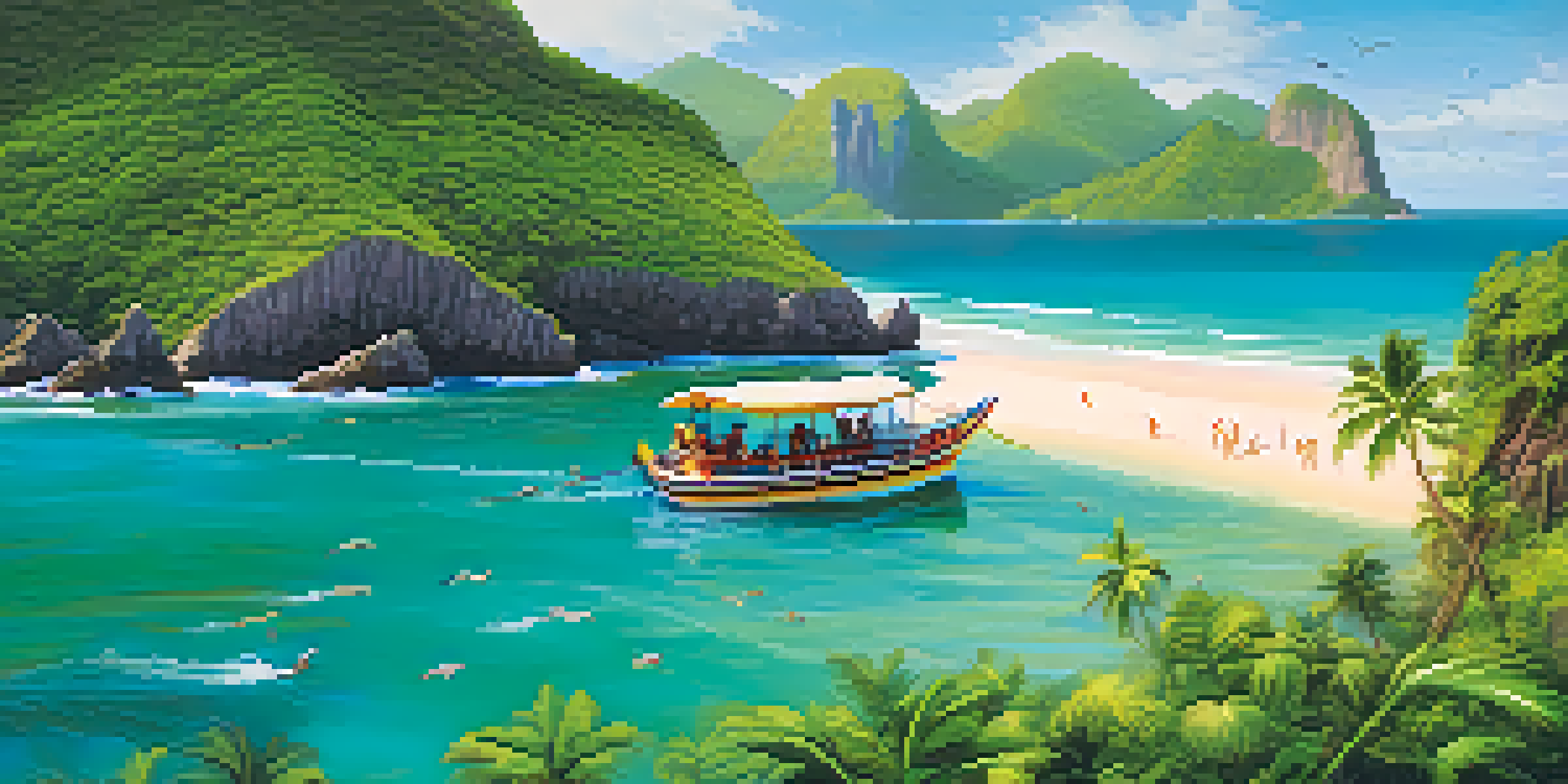 A family enjoying a boat tour in Brazil, surrounded by lush greenery and turquoise water.