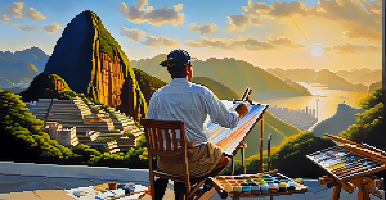 A painter creating a large canvas outdoors in Rio de Janeiro, with mountains and cityscape in the background.