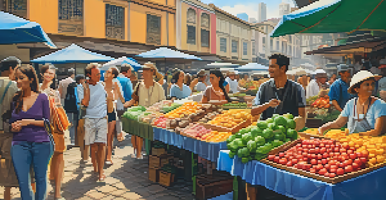 Travelers exploring a vibrant market in São Paulo, surrounded by colorful stalls and engaging with locals.