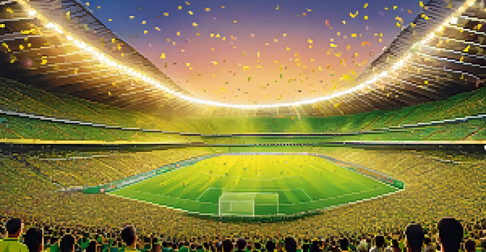 A lively football match at Maracanã Stadium, featuring excited fans in yellow and green, with confetti and a sunset glow.