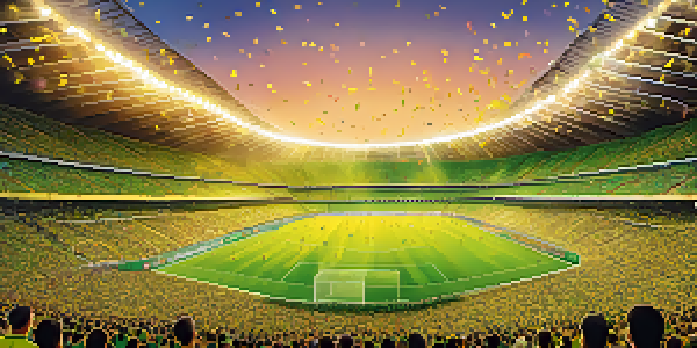 A lively football match at Maracanã Stadium, featuring excited fans in yellow and green, with confetti and a sunset glow.