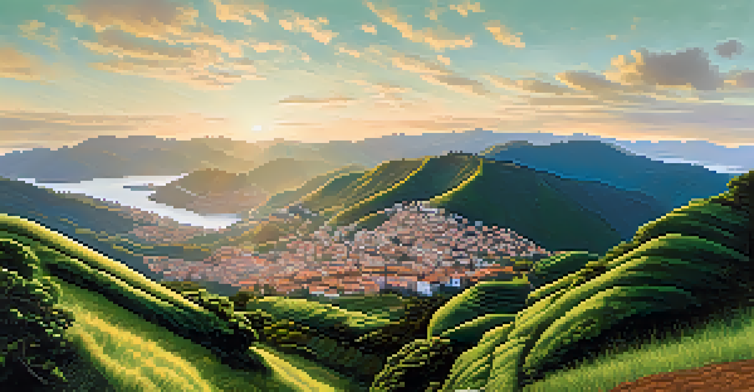 A panoramic view of Ouro Preto, Brazil, from a high vantage point, highlighting the historic buildings and surrounding mountains in soft morning light.