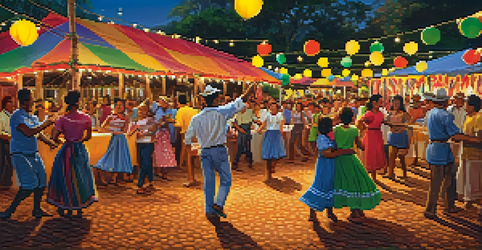 A lively scene of a Festa Junina festival in Brazil, with colorful decorations and people dancing Forró, surrounded by traditional foods.