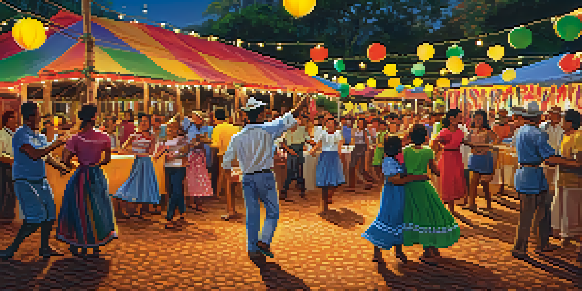 A lively scene of a Festa Junina festival in Brazil, with colorful decorations and people dancing Forró, surrounded by traditional foods.