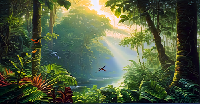A vibrant sunrise illuminating the Amazon rainforest, with mist rising and colorful wildlife visible among lush green trees.