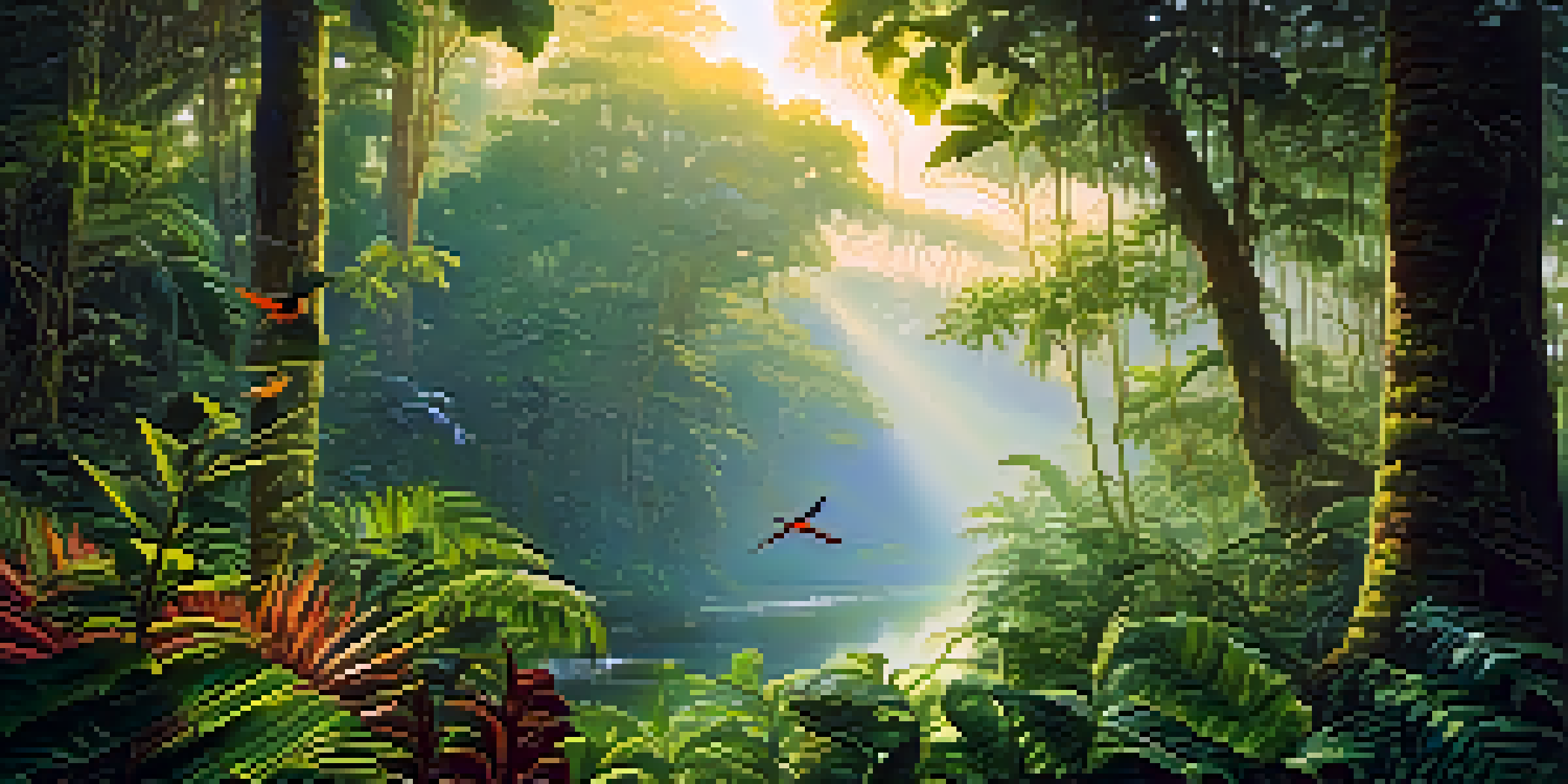 A vibrant sunrise illuminating the Amazon rainforest, with mist rising and colorful wildlife visible among lush green trees.