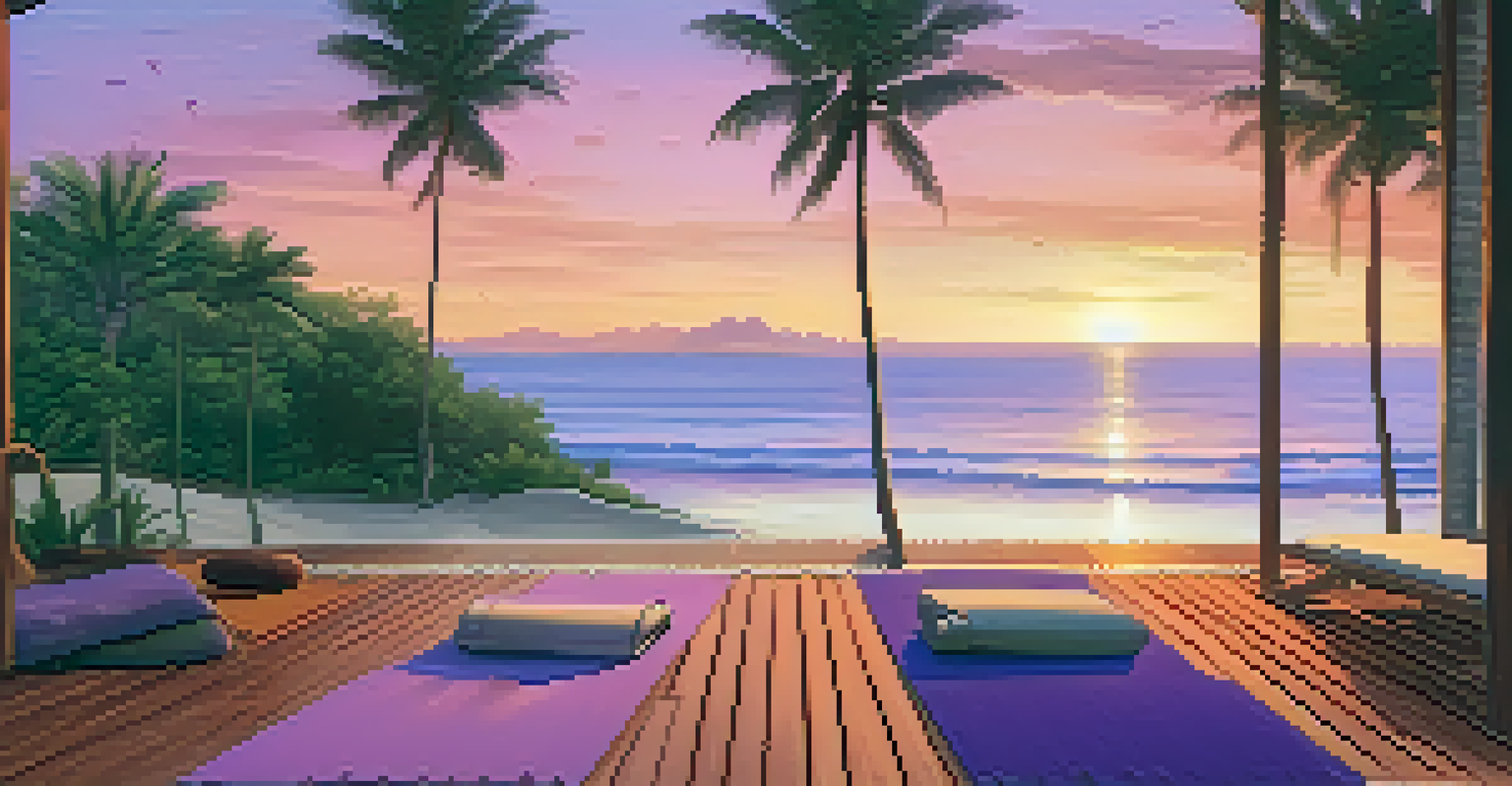 An outdoor yoga space overlooking a tranquil beach at sunset, with yoga mats on a wooden platform and palm trees in the foreground.
