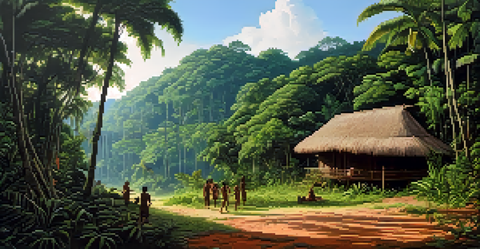 A peaceful view of the Brazilian rainforest with a Yanomami village, villagers collecting fruits, and bright tropical plants under a sunny sky.