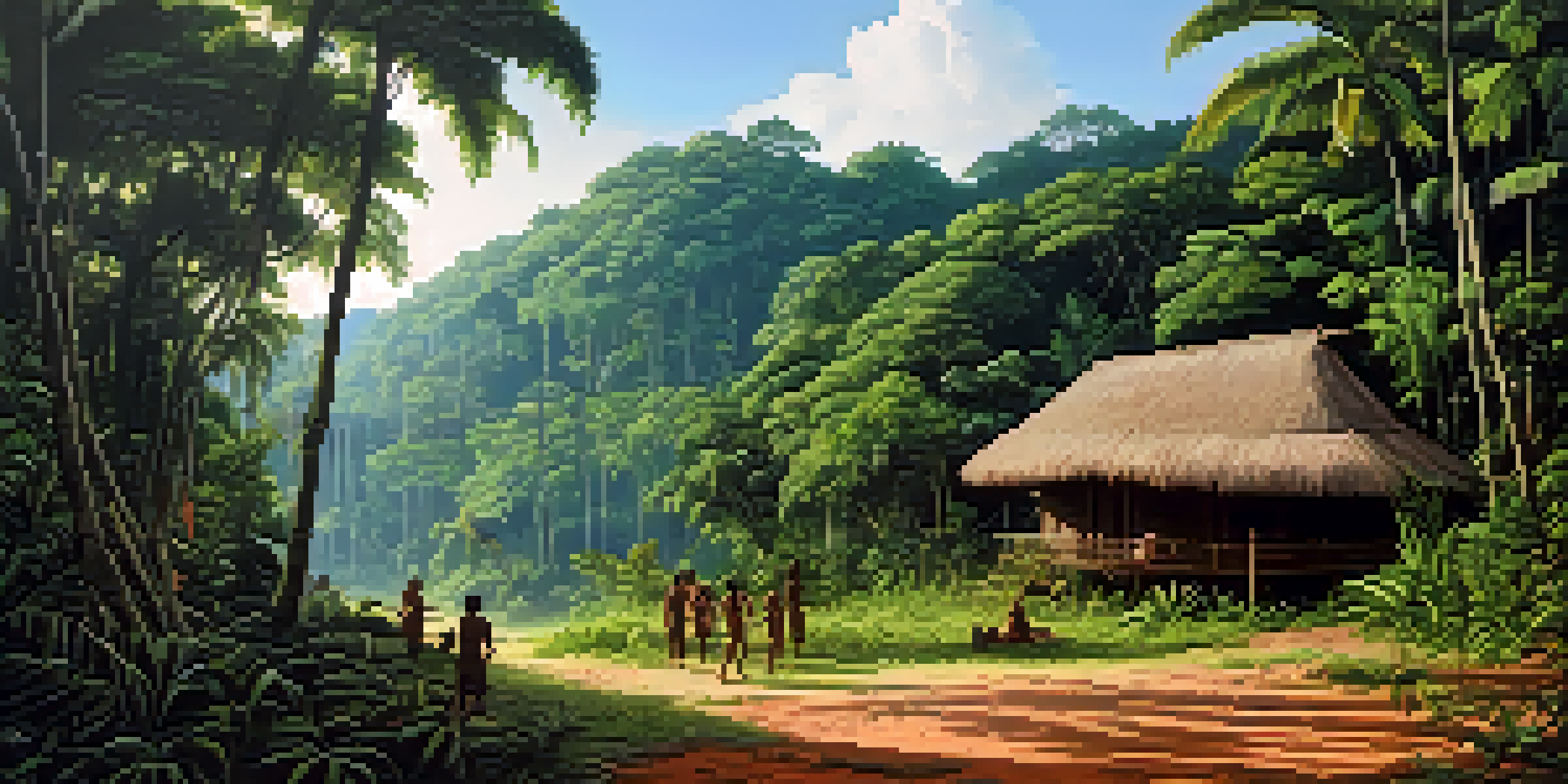 A peaceful view of the Brazilian rainforest with a Yanomami village, villagers collecting fruits, and bright tropical plants under a sunny sky.