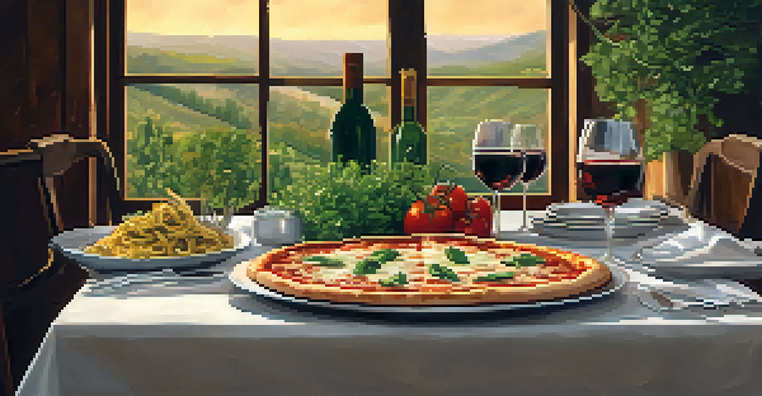 A beautifully arranged dining table featuring Italian dishes with a Brazilian twist, set in warm lighting.