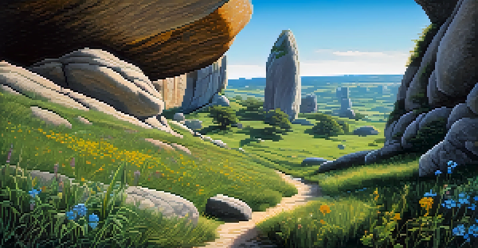 A stunning landscape of Vale da Lua featuring unique rock formations and colorful wildflowers under a clear blue sky.