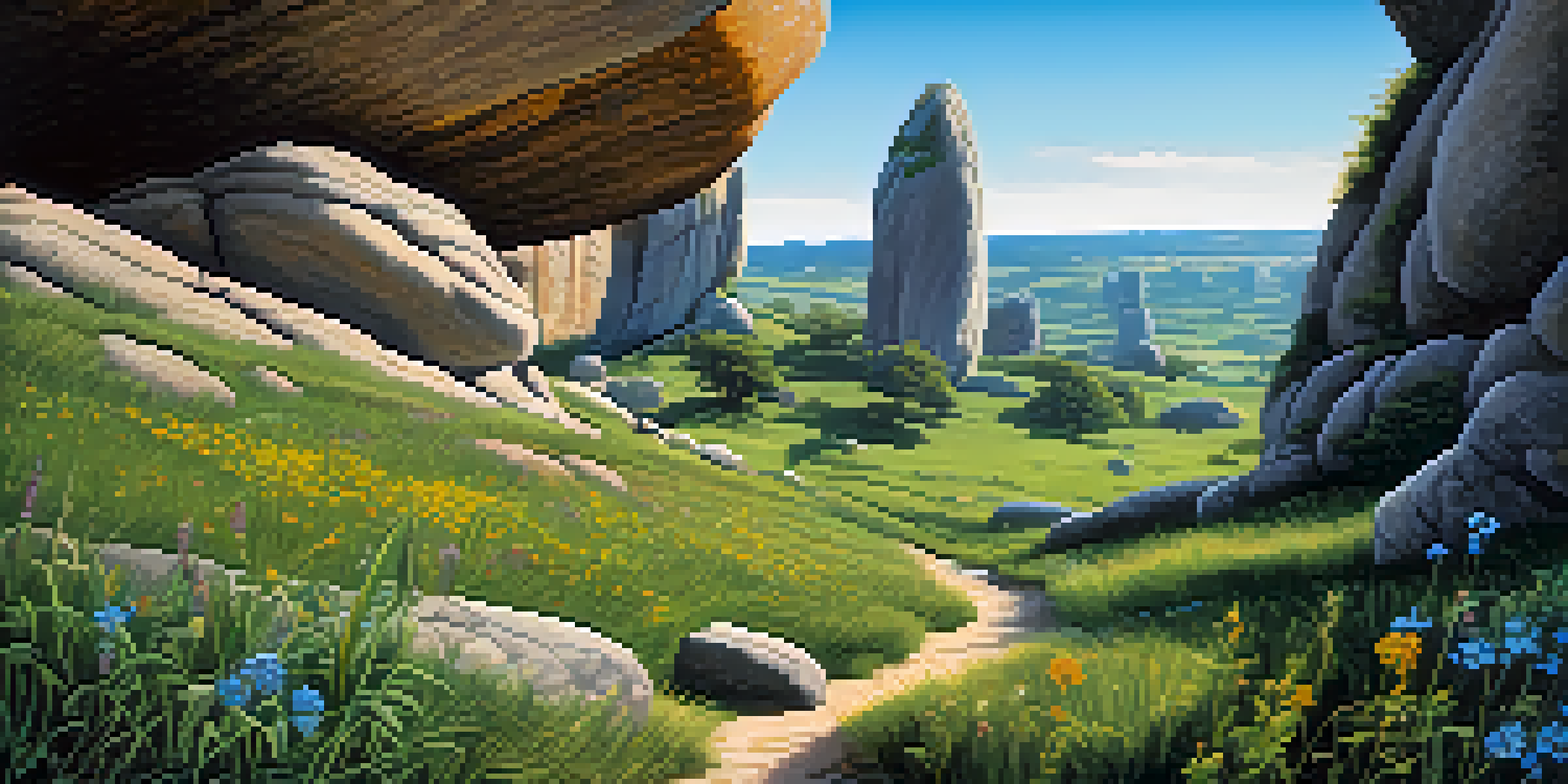 A stunning landscape of Vale da Lua featuring unique rock formations and colorful wildflowers under a clear blue sky.