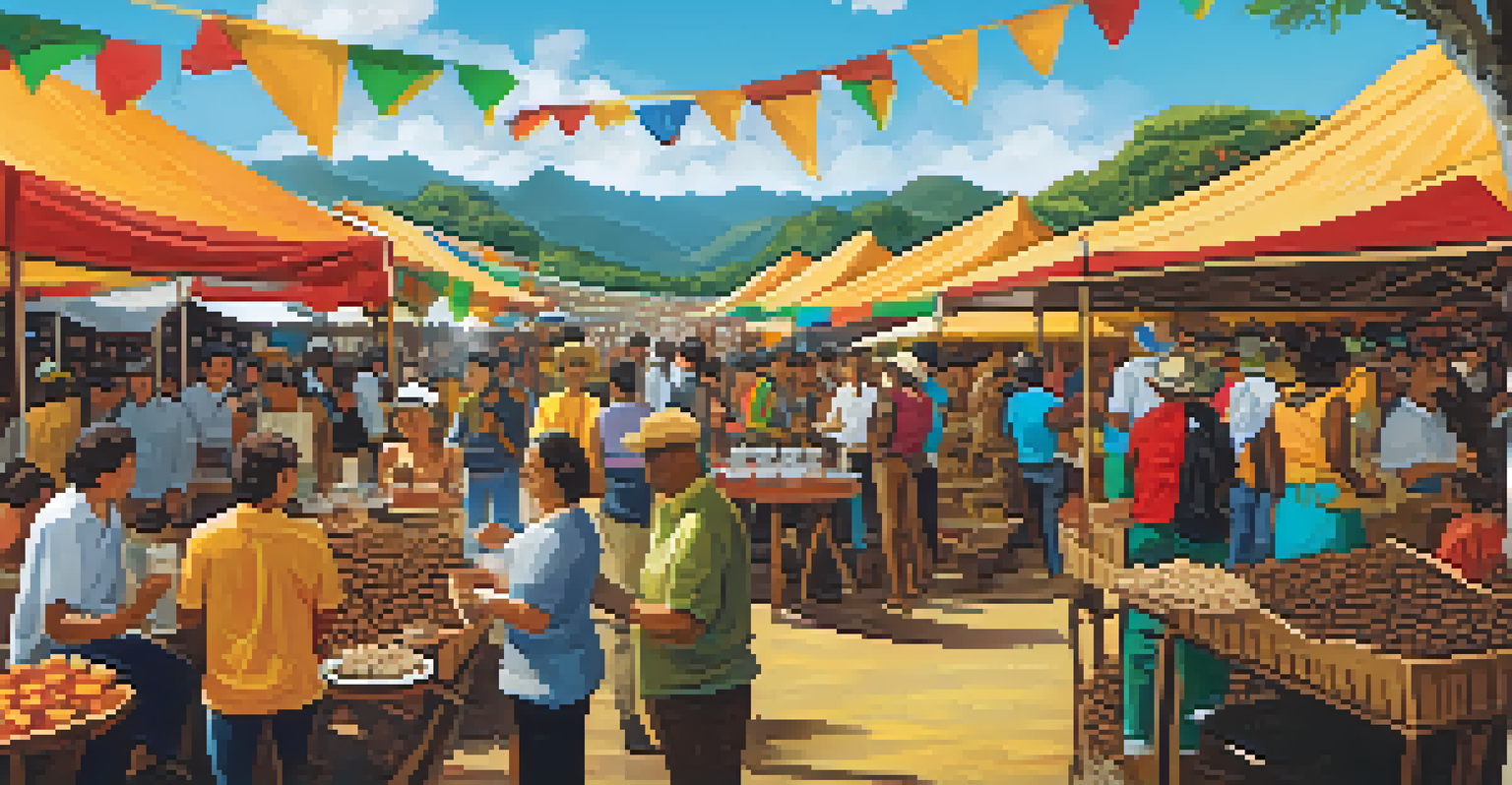 A lively scene from a Brazilian coffee festival, featuring people tasting coffee and enjoying local music and food stalls.