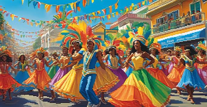 A lively street scene during Brazil's Carnival with people in colorful costumes dancing and enjoying the festivities.