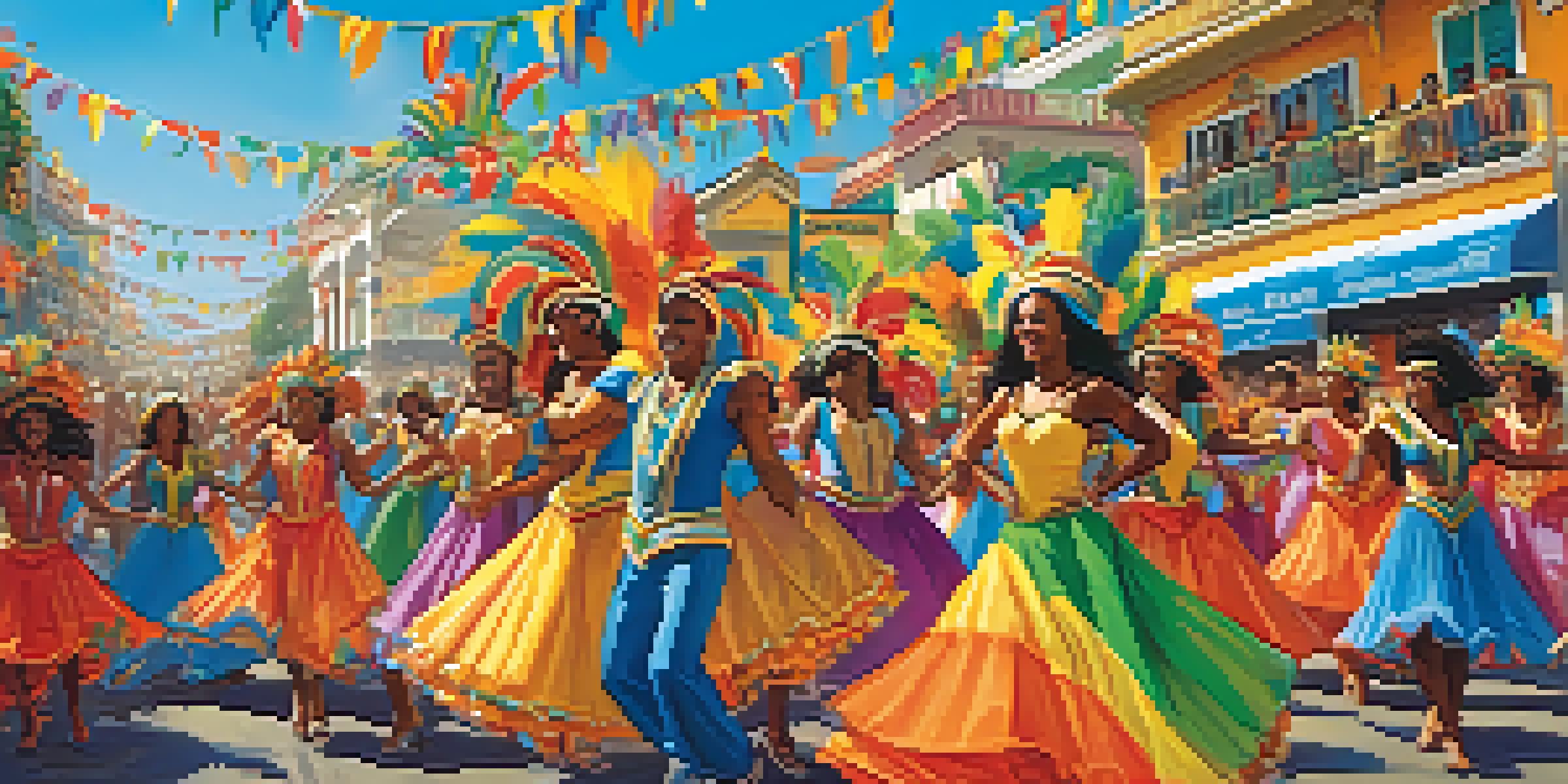 A lively street scene during Brazil's Carnival with people in colorful costumes dancing and enjoying the festivities.