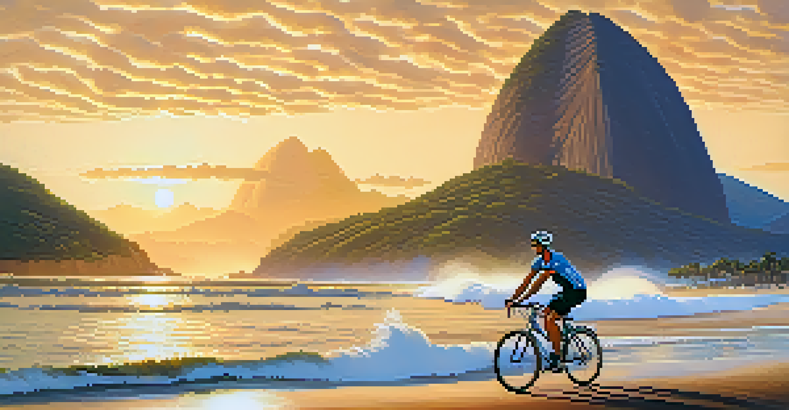 A cyclist on the beach in Rio de Janeiro at sunset, with Sugarloaf Mountain visible and the ocean reflecting the golden light.