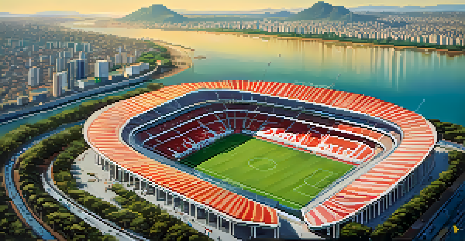 Aerial view of Estádio Beira-Rio near the river with fans and colorful banners on a sunny day.