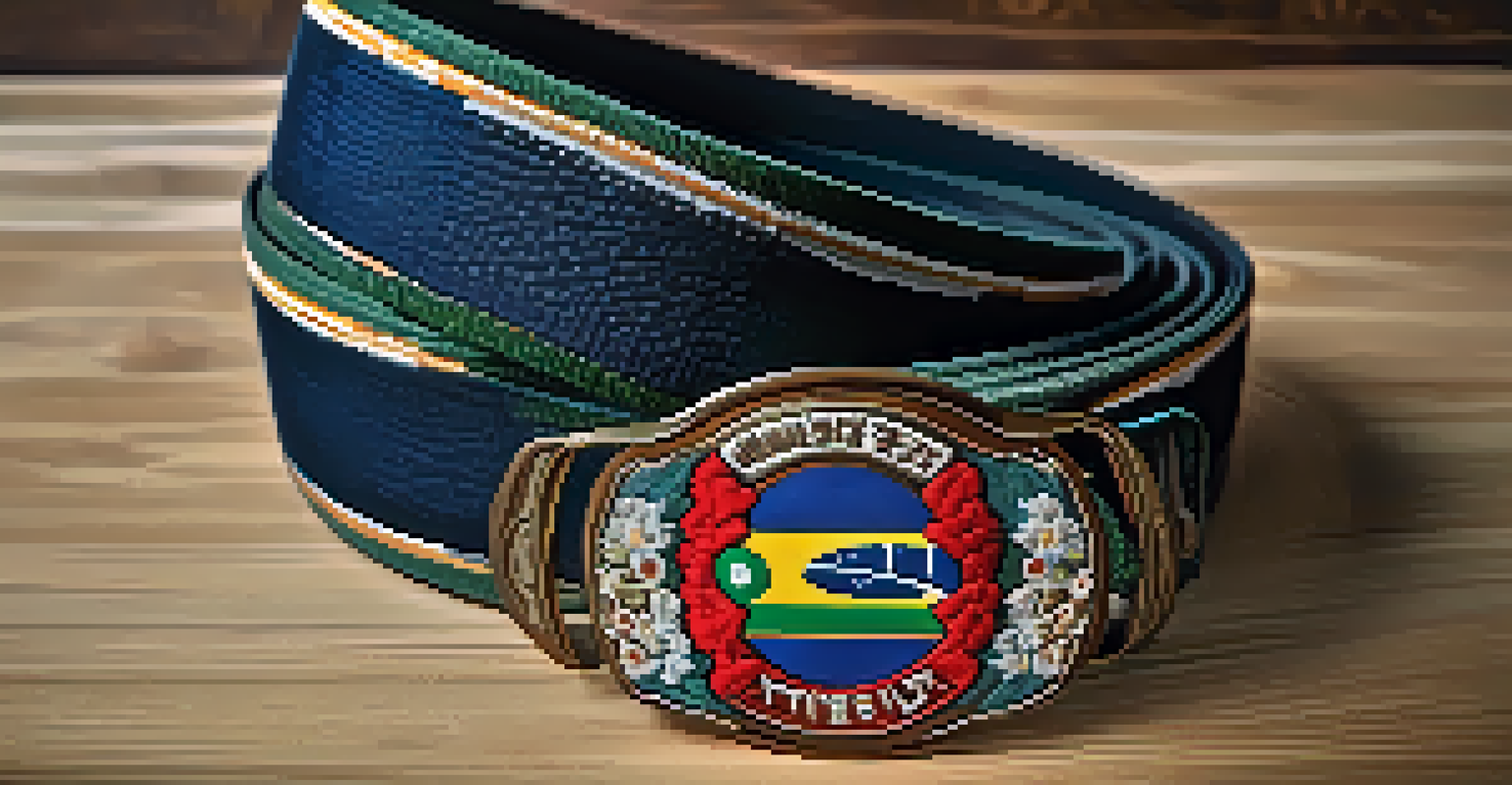 A close-up of a beautifully embroidered Brazilian Jiu-Jitsu belt on a textured wooden surface, illuminated by soft lighting.
