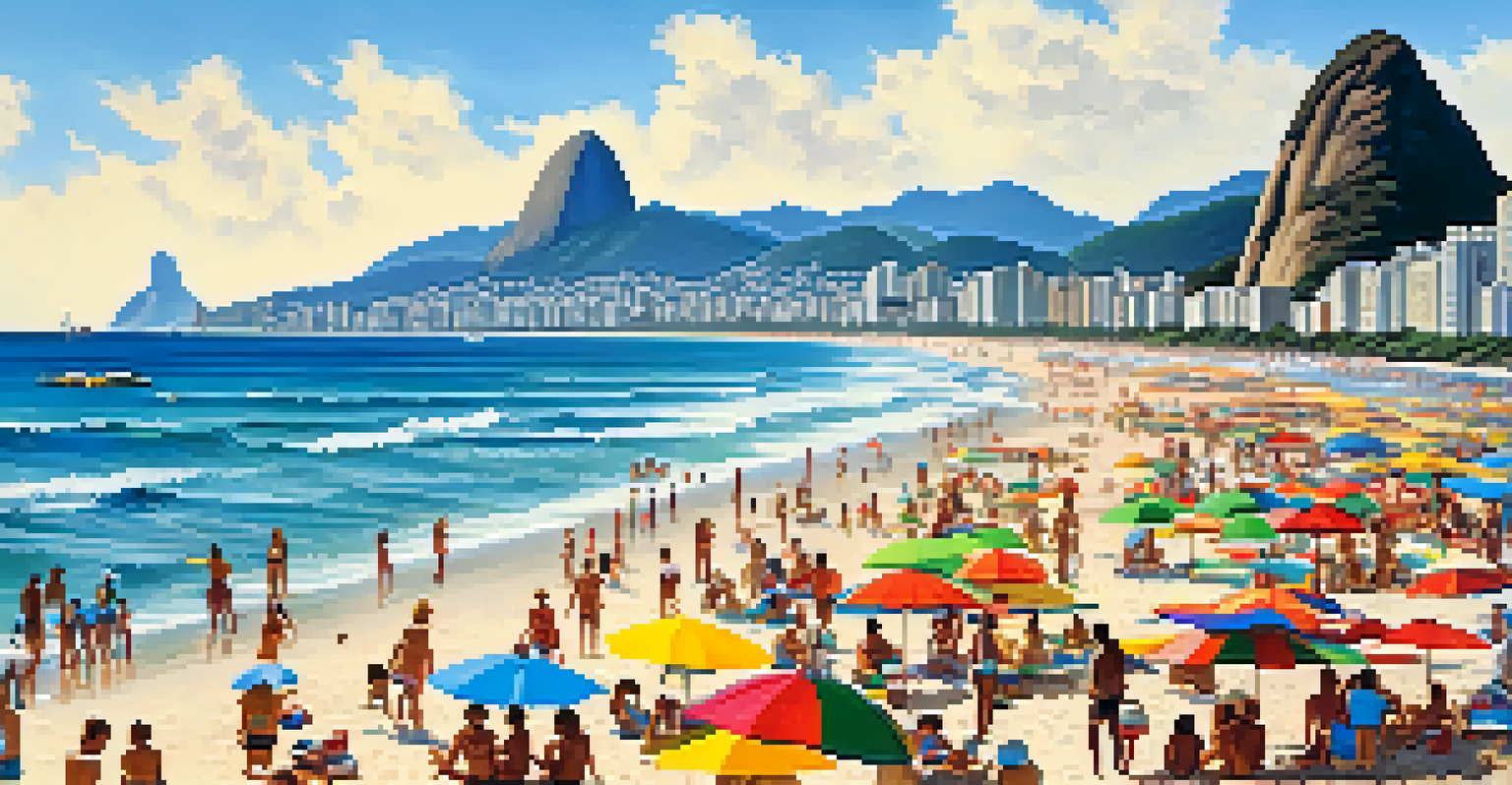 Crowded beach scene at Ipanema with sunbathers, surfers, and mountains in the background.