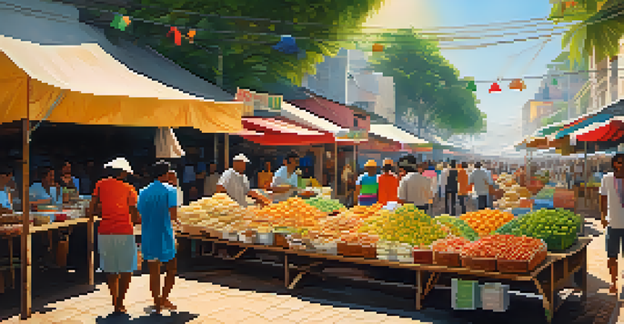A lively Brazilian street market scene showcasing stalls with vegetarian street food, including cheese bread and fresh fruits, under a sunny sky.