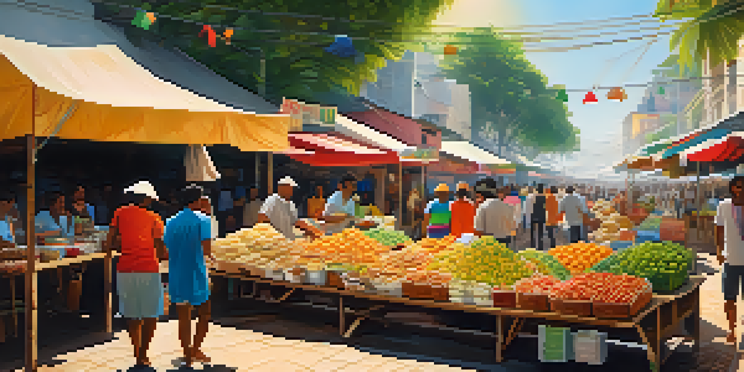 A lively Brazilian street market scene showcasing stalls with vegetarian street food, including cheese bread and fresh fruits, under a sunny sky.