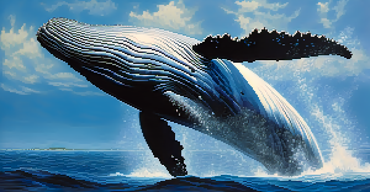 A humpback whale swimming in the ocean, creating ripples in the water with sunlight filtering through the surface.