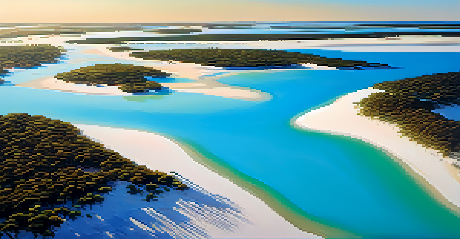 Aerial view of Lençóis Maranhenses National Park, showcasing white sand dunes and turquoise lagoons under a clear sky.