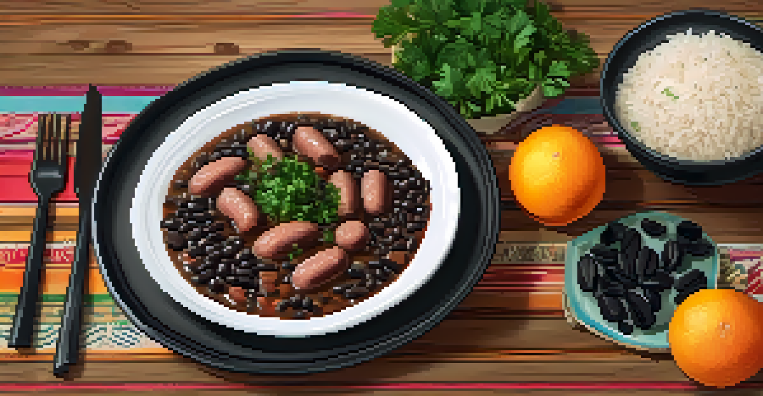 A close-up view of traditional Brazilian feijoada with black beans, pork, and rice, beautifully garnished.