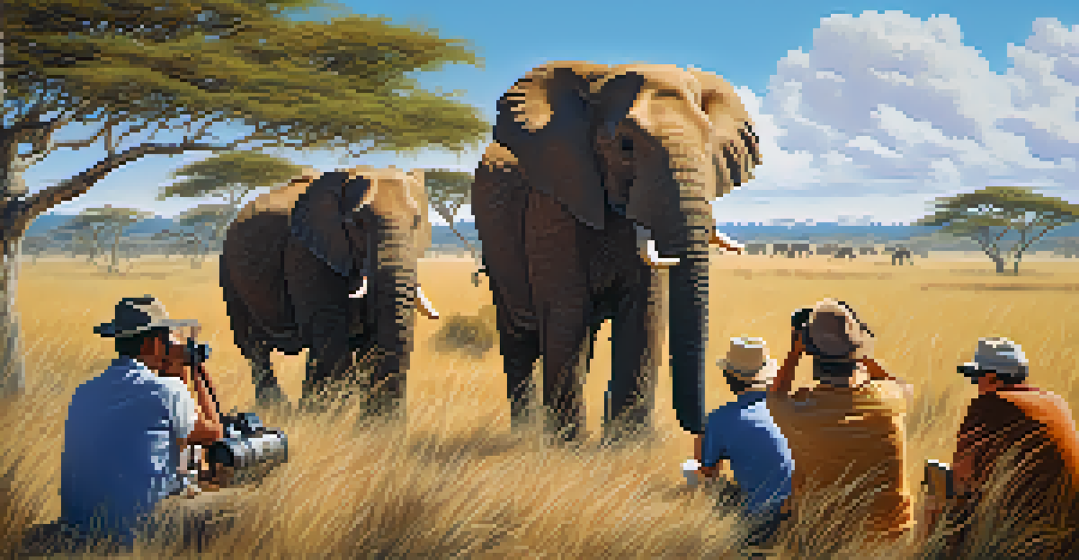 Tourists observing elephants in a natural habitat, with binoculars and cameras in hand, surrounded by grass and trees.
