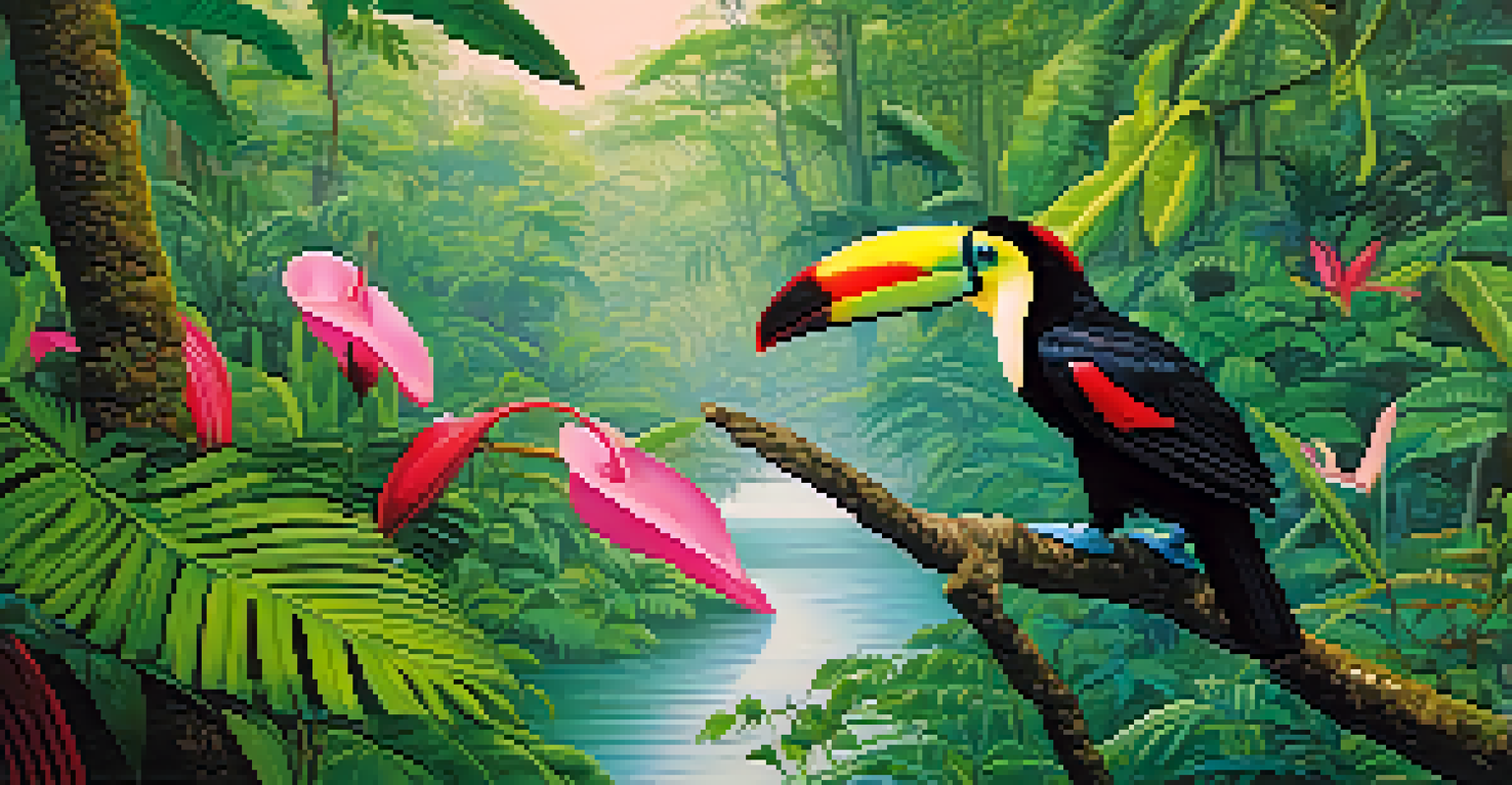 A colorful toucan in the Amazon rainforest with a pink dolphin jumping in the river.