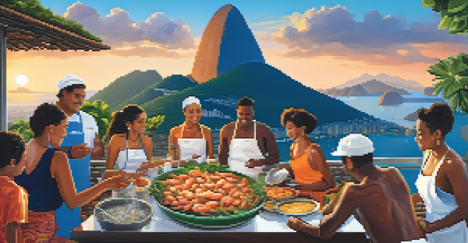 An outdoor cooking class in Rio de Janeiro preparing moqueca, with Sugarloaf Mountain in the background and a stunning sunset illuminating the scene.