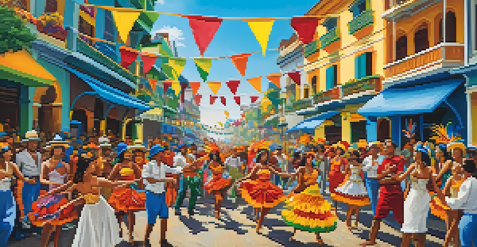 A lively carnival scene in Brazil with colorful samba dancers, festive decorations, and a crowd enjoying the celebration.