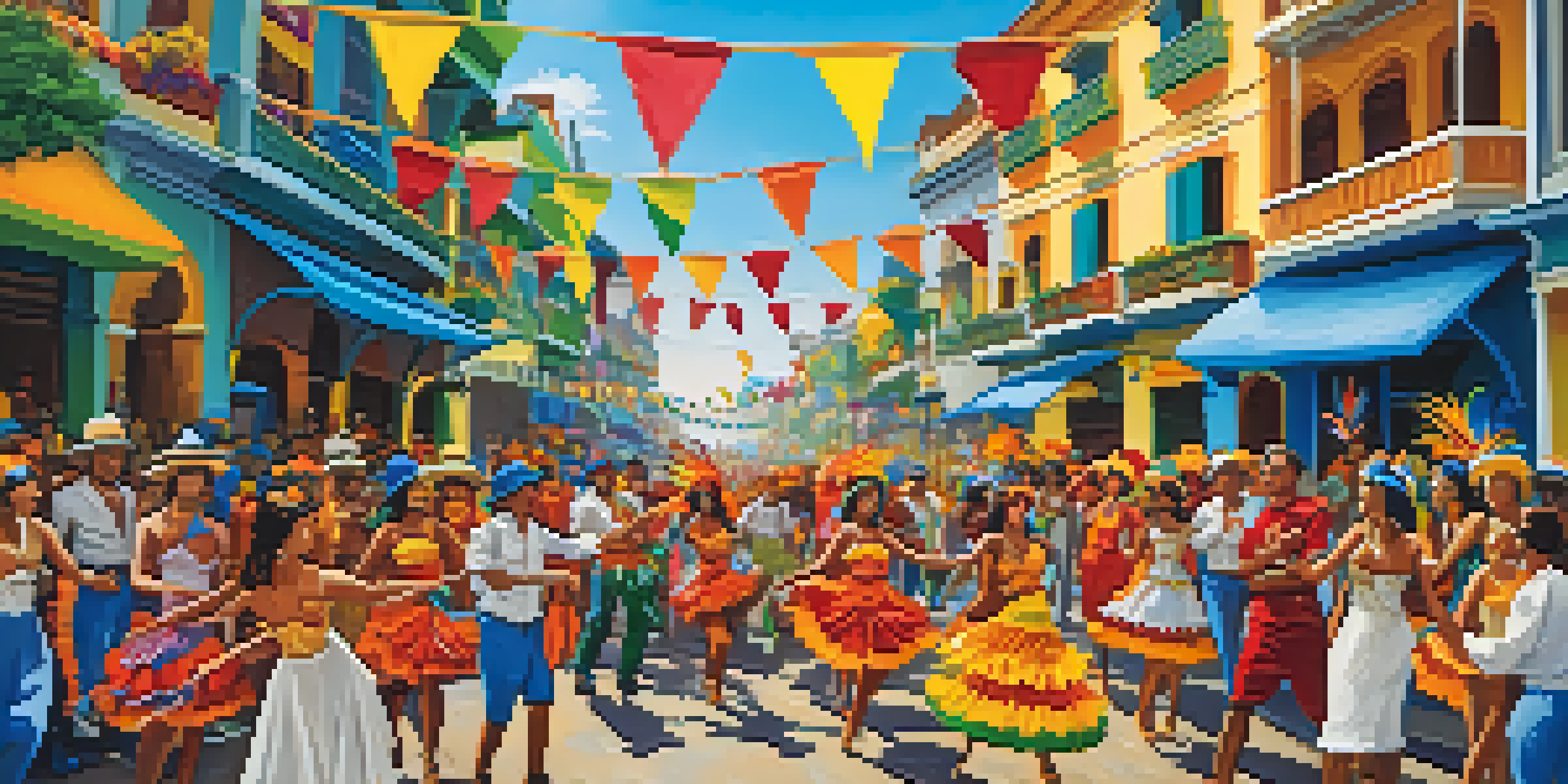 A lively carnival scene in Brazil with colorful samba dancers, festive decorations, and a crowd enjoying the celebration.