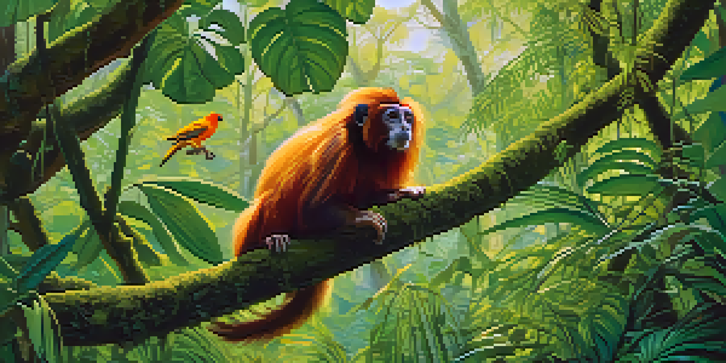 A lush green Atlantic Forest with tall trees, sunlight filtering through leaves, and a playful golden lion tamarin monkey in the foreground.