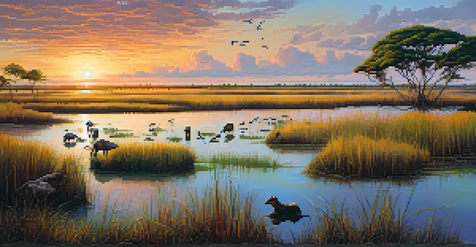 A stunning view of the Pantanal wetlands at sunset, featuring wildlife like capybaras and birds, with rich textures of water and grasslands.