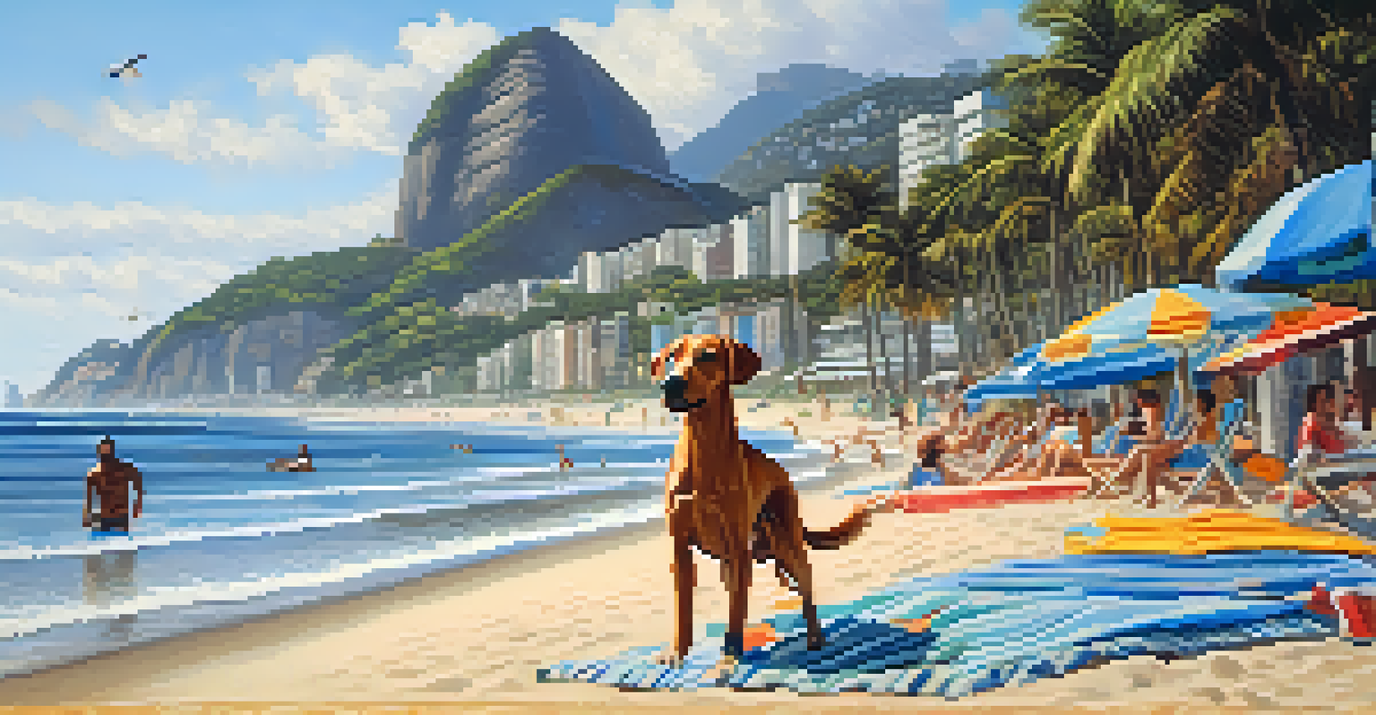 A joyful dog playing at a beach in Rio de Janeiro, running through the waves with people enjoying the sun and palm trees in the background.