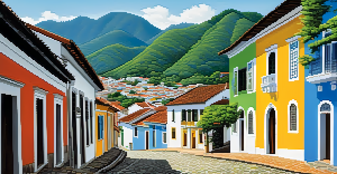A scenic view of Paraty's historic streets with colorful colonial architecture and lush mountains in the background.