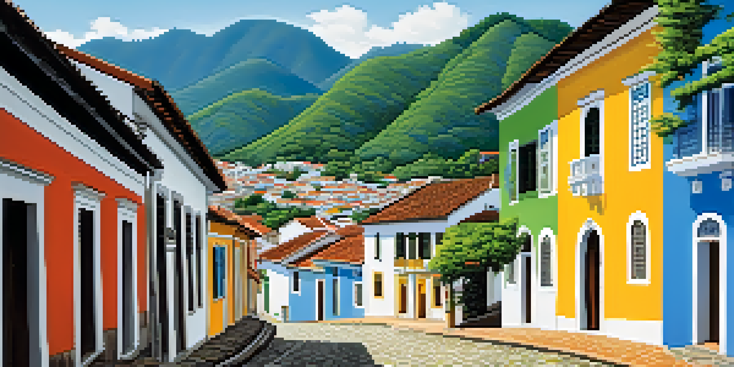 A scenic view of Paraty's historic streets with colorful colonial architecture and lush mountains in the background.