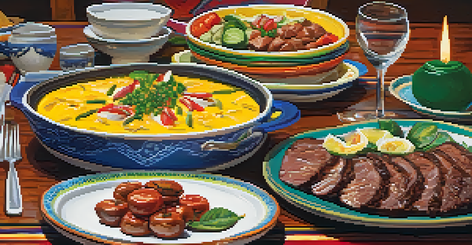 An inviting dining table set for a traditional Brazilian meal with colorful dishes and decorations.