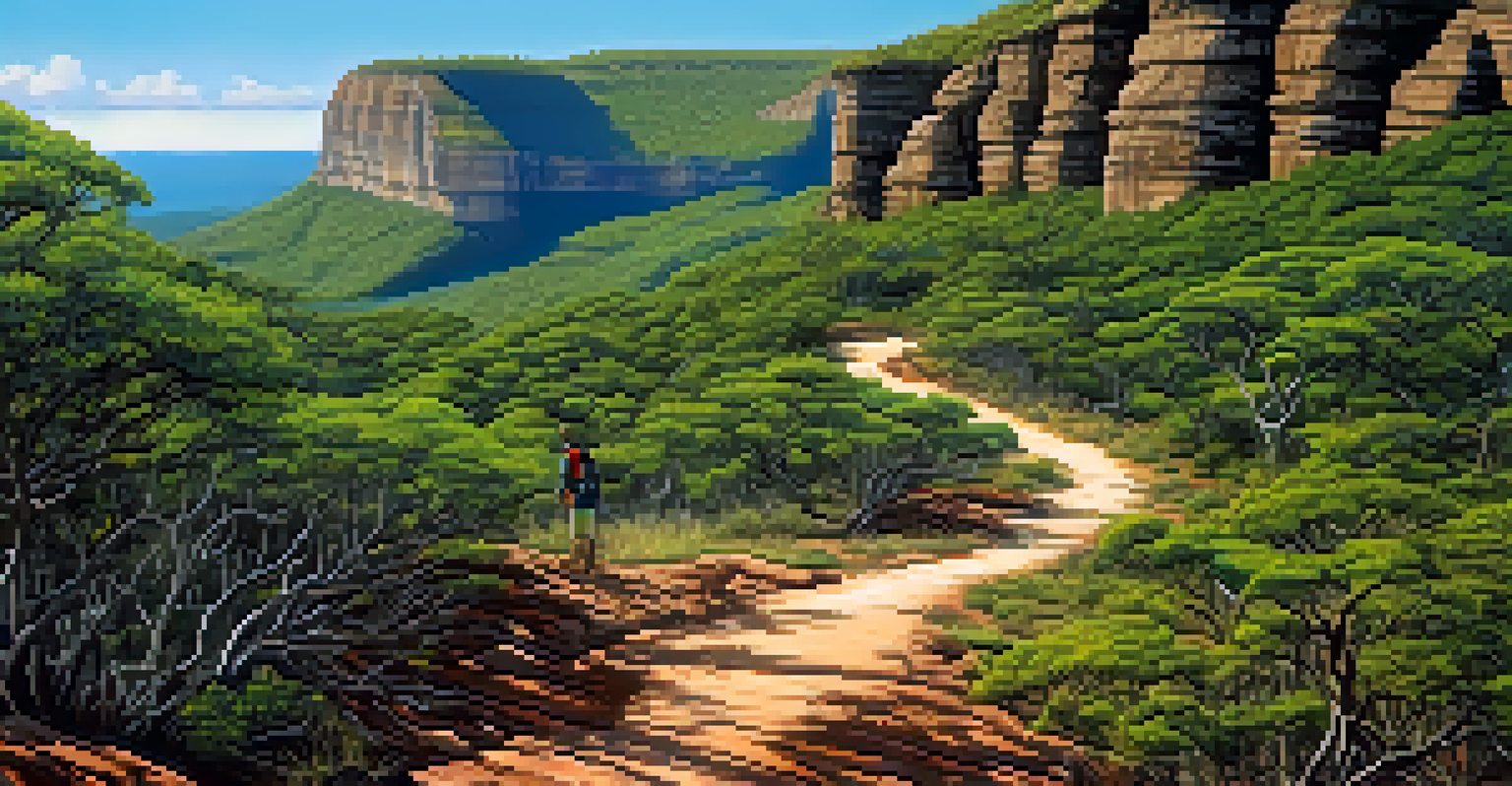 A hiking trail through diverse ecosystems with a hiker walking among ancient trees and colorful plants.