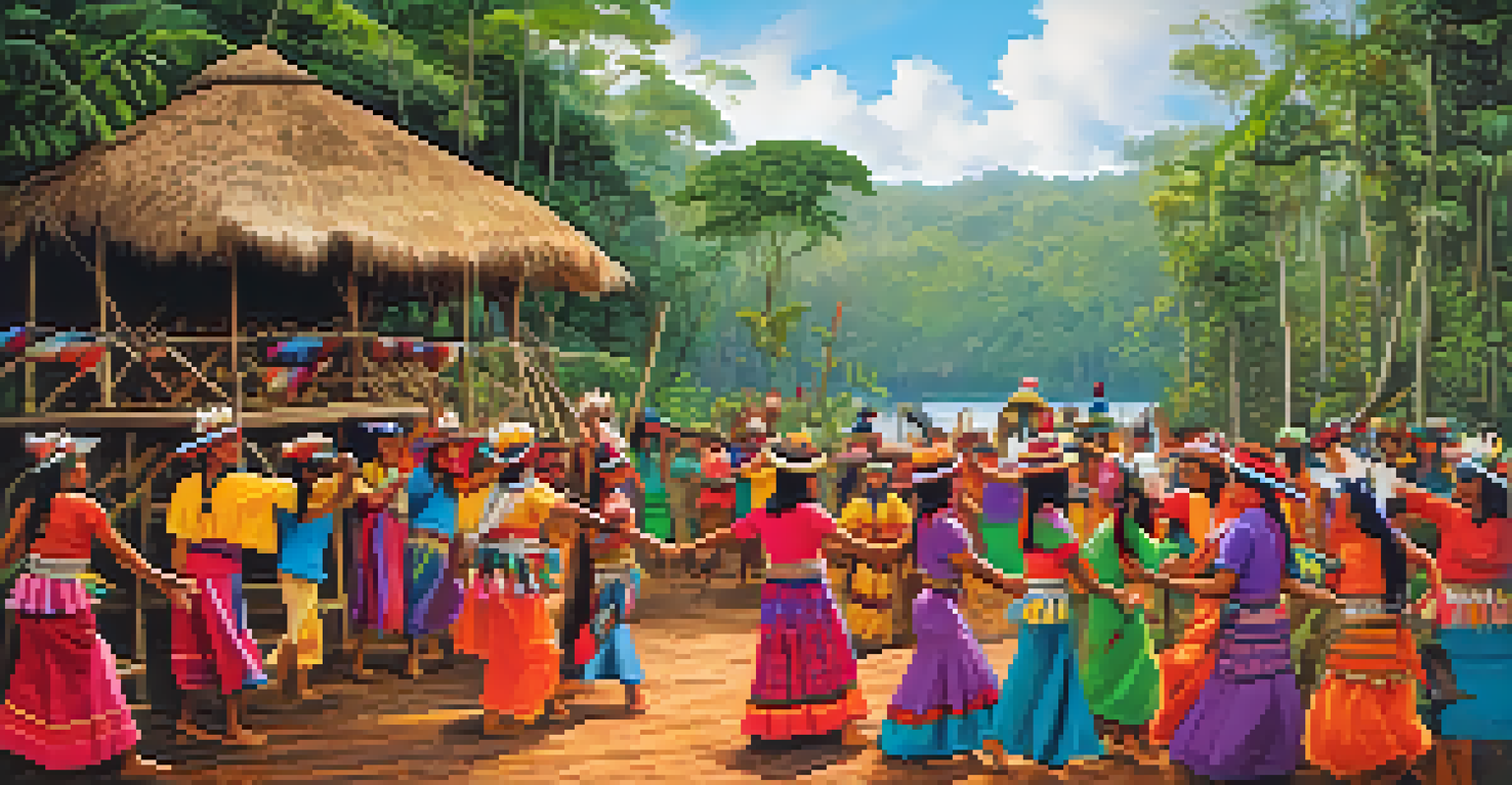 Local Indigenous community members in the Amazon engaging in traditional dances, surrounded by handmade crafts and lush vegetation, showcasing colorful attire.