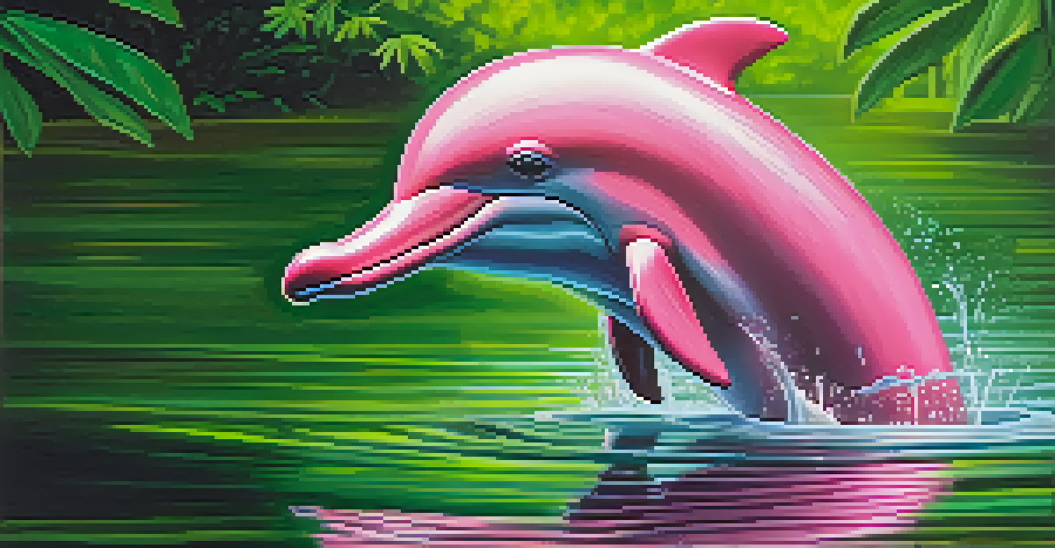 An Amazon river dolphin in the water, with pink coloration and green trees in the background.
